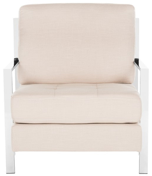 Safavieh Walden Accent Chair Modern Tufted Linen Chrome Beige Plated Solid Plywood Foam Iron Polyester FOX6279A 889048220676
