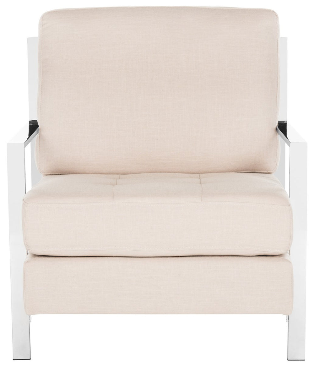 Safavieh Walden Accent Chair Modern Tufted Linen Chrome Beige Plated Solid Plywood Foam Iron Polyester FOX6279A 889048220676