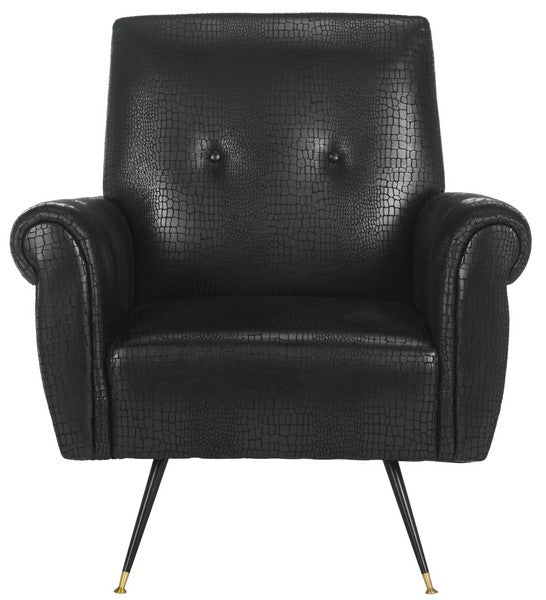 Safavieh Mira Accent Chair Retro Mid Century Faux Leather Black Wood Powder Coating Eucalyptus Foam Iron PU FOX6285A 889048216006