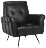 Safavieh Mira Accent Chair Retro Mid Century Faux Leather Black Wood Powder Coating Eucalyptus Foam Iron PU FOX6285A 889048216006