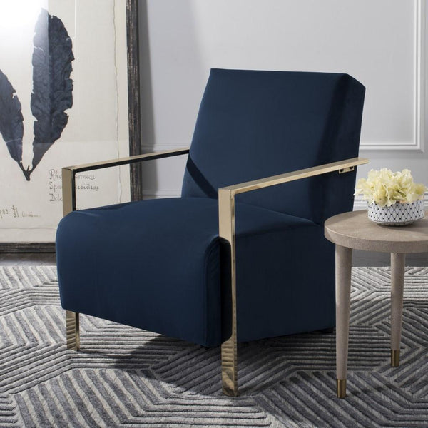 Safavieh Orna Accent Chair Navy Brass Plated Eucalyptus Rubberwood Foam Polyester Velvet FOX6287A 889048274433