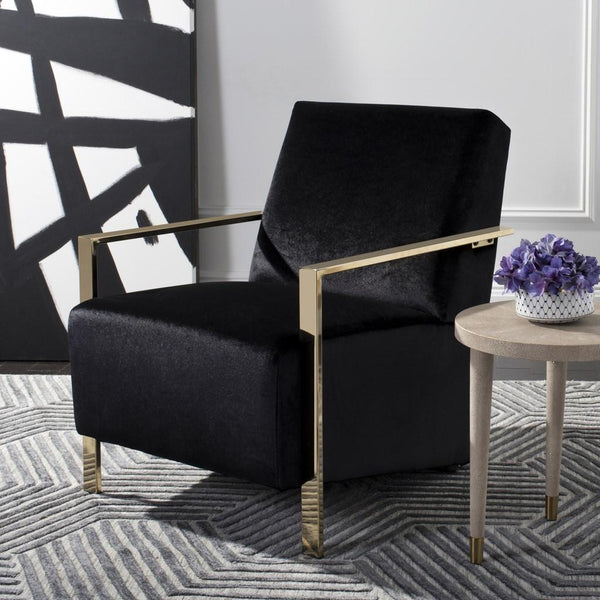 Safavieh Orna Accent Chair Black Brass Plated Eucalyptus Rubberwood Foam Polyester Velvet FOX6287B 889048319677