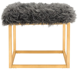 Safavieh Rowan Ottoman Contemporary Glam Faux Sheepkin Square Grey Metal Gold Foil Foam Brass Curly Sheepskin FOX6288B 889048274457