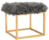 Safavieh Rowan Ottoman Contemporary Glam Faux Sheepkin Square Grey Metal Gold Foil Foam Brass Curly Sheepskin FOX6288B 889048274457