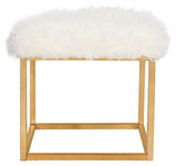 Safavieh Rowan Ottoman Contemporary Glam Faux Sheepkin Square White Metal Gold Foil Foam Brass Curly Sheepskin FOX6288C 889048274464