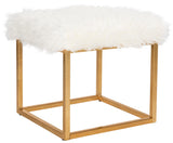 Safavieh Rowan Ottoman Contemporary Glam Faux Sheepkin Square White Metal Gold Foil Foam Brass Curly Sheepskin FOX6288C 889048274464