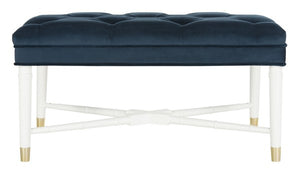 Safavieh Rory Bench Contemporary Tufted Navy White Wood NC Coating MDF Foam Metal Tube Polyester Velvet FOX6294A 889048315983