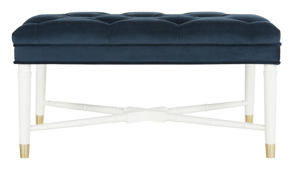Safavieh Rory Bench Contemporary Tufted Navy White Wood NC Coating MDF Foam Metal Tube Polyester Velvet FOX6294A 889048315983