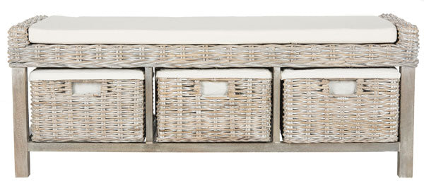 Safavieh Kobutsu Bench Storage Grey White Wash Eggshell Rattan NC Coating Mango Sponge Polyester Cotton FOX6537A 889048185920