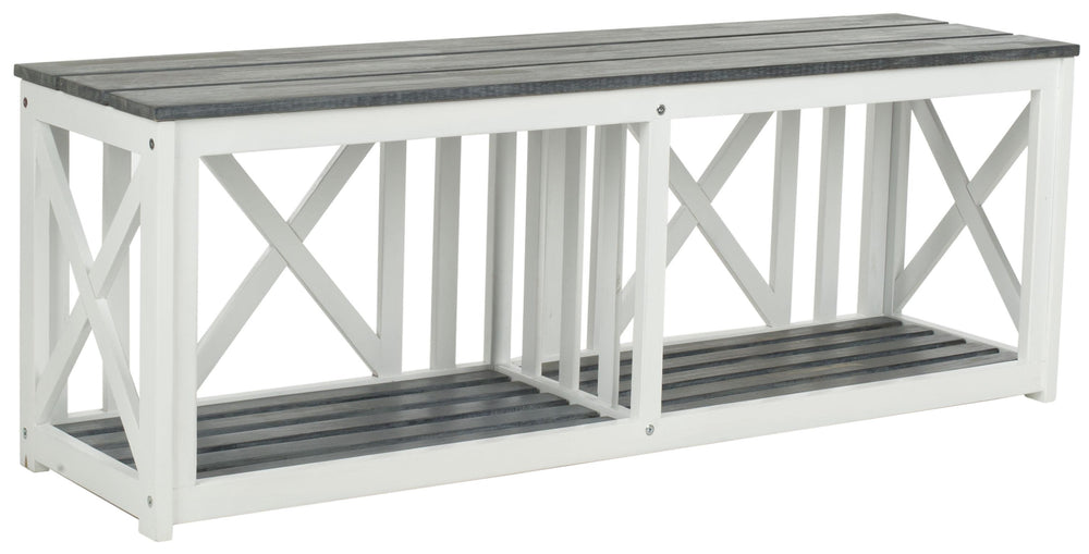 Safavieh Branco Bench White Ash Grey Silver Acacia Wood Galvanized Steel FOX6706A 683726472551