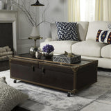 Safavieh Zoe Coffee Table Storage Trunk with Wine Rack Brown Faux Leather Kembat MDF Solidwood Iron FOX9515A 889048257733