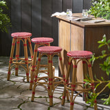 Noble House Starla Outdoor French Aluminum 29.5 Inch Barstools (Set of 4), Red, White, and Bamboo Finish