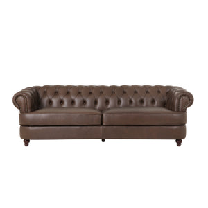 Litch Chesterfield Leather Tufted 3 Seater Sofa with Nailhead Trim, Dark Brown and Brown Noble House