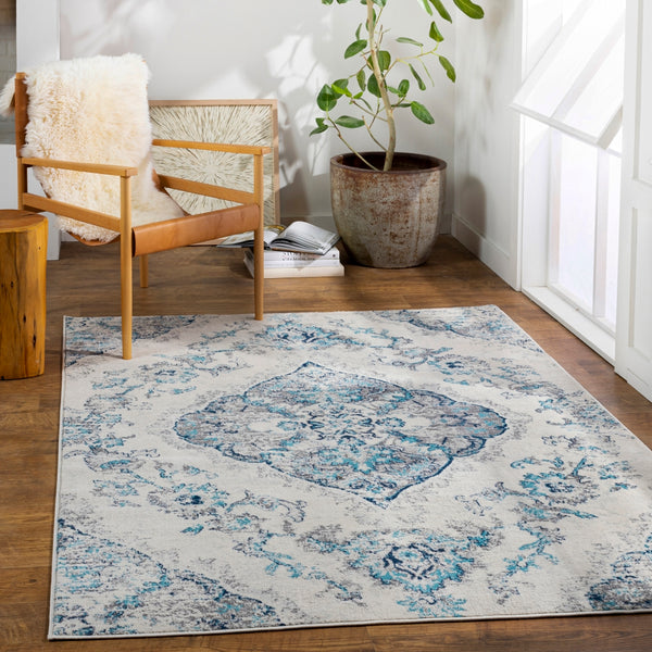 Floransa FSA-2336 Traditional Polypropylene Rug FSA2336-9123 Cream, Medium Gray, Navy, Sky Blue 100% Polypropylene 9' x 12'3"
