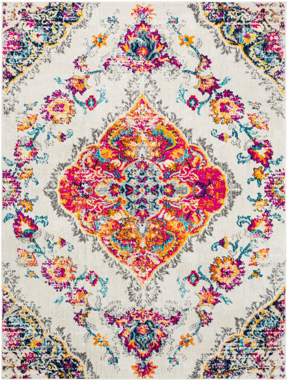 Floransa FSA-2337 Traditional Polypropylene Rug FSA2337-9123 Cream, Bright Pink, Navy, Sky Blue, Saffron, Peach, Medium Gray 100% Polypropylene 9' x 12'3"