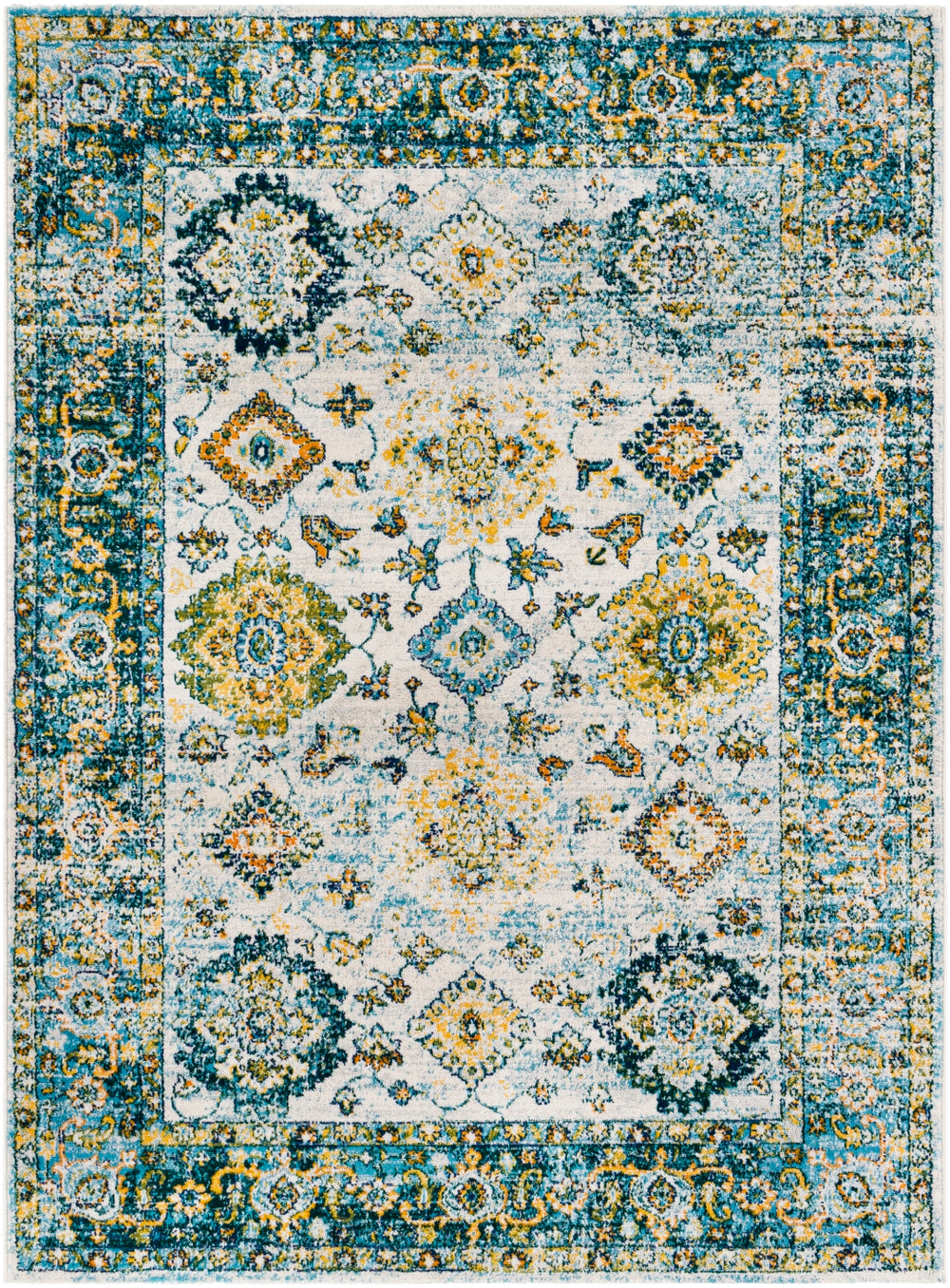 Floransa FSA-2357 Traditional Polypropylene Rug FSA2357-9123 Dark Green, Navy, Grass Green, Bright Orange, Bright Yellow, Aqua, Cream 100% Polypropylene 9' x 12'3"