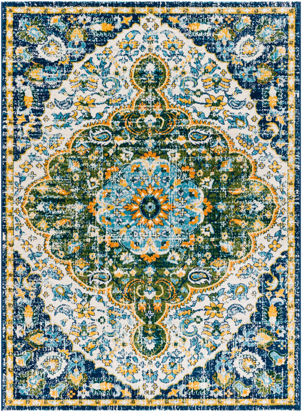 Floransa FSA-2363 Traditional Polypropylene Rug FSA2363-9123 Dark Green, Navy, Grass Green, Aqua, Bright Orange, Bright Yellow, Cream 100% Polypropylene 9' x 12'3"
