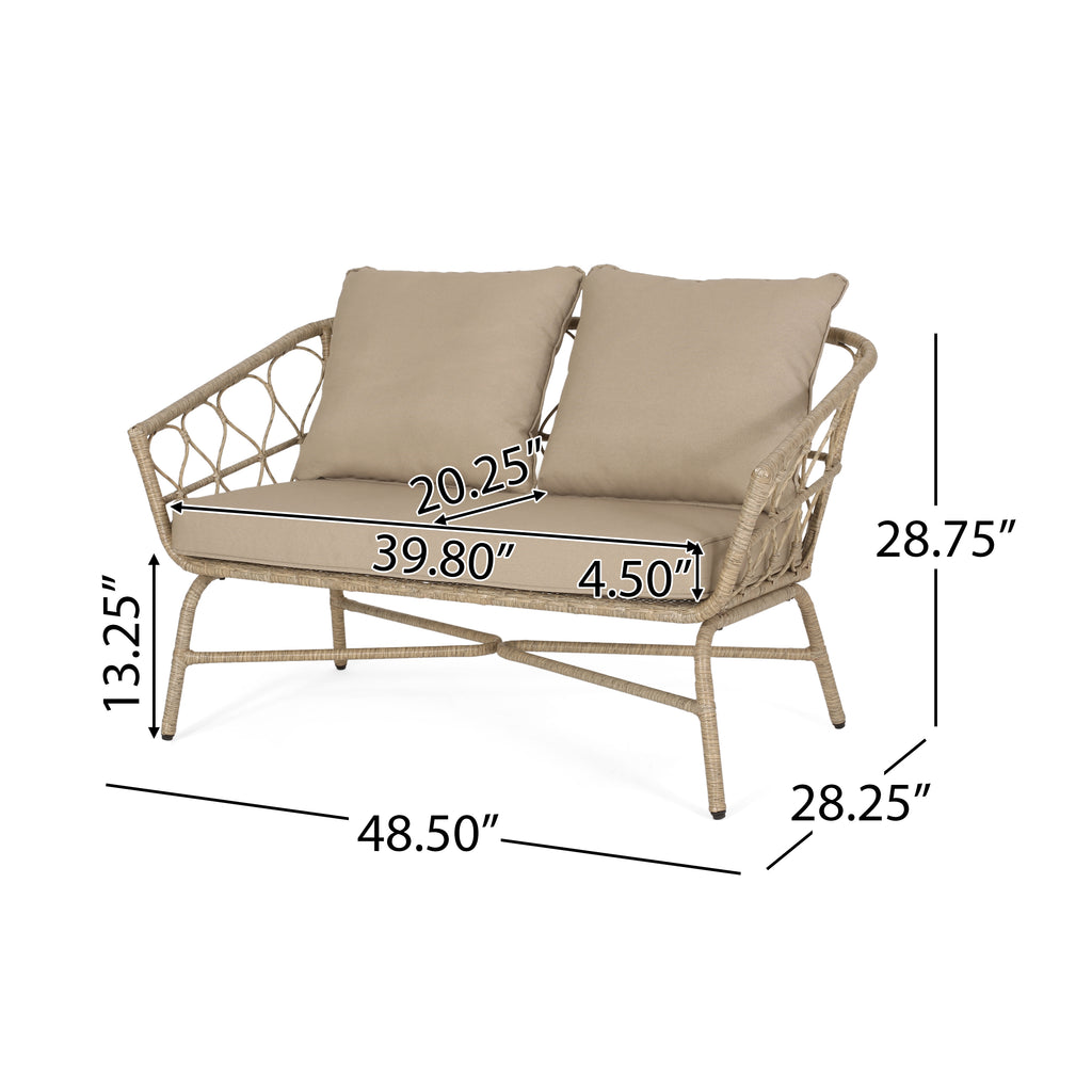 Bruce Outdoor Wicker Loveseat and Coffee Table Set, Light Brown and Beige Noble House