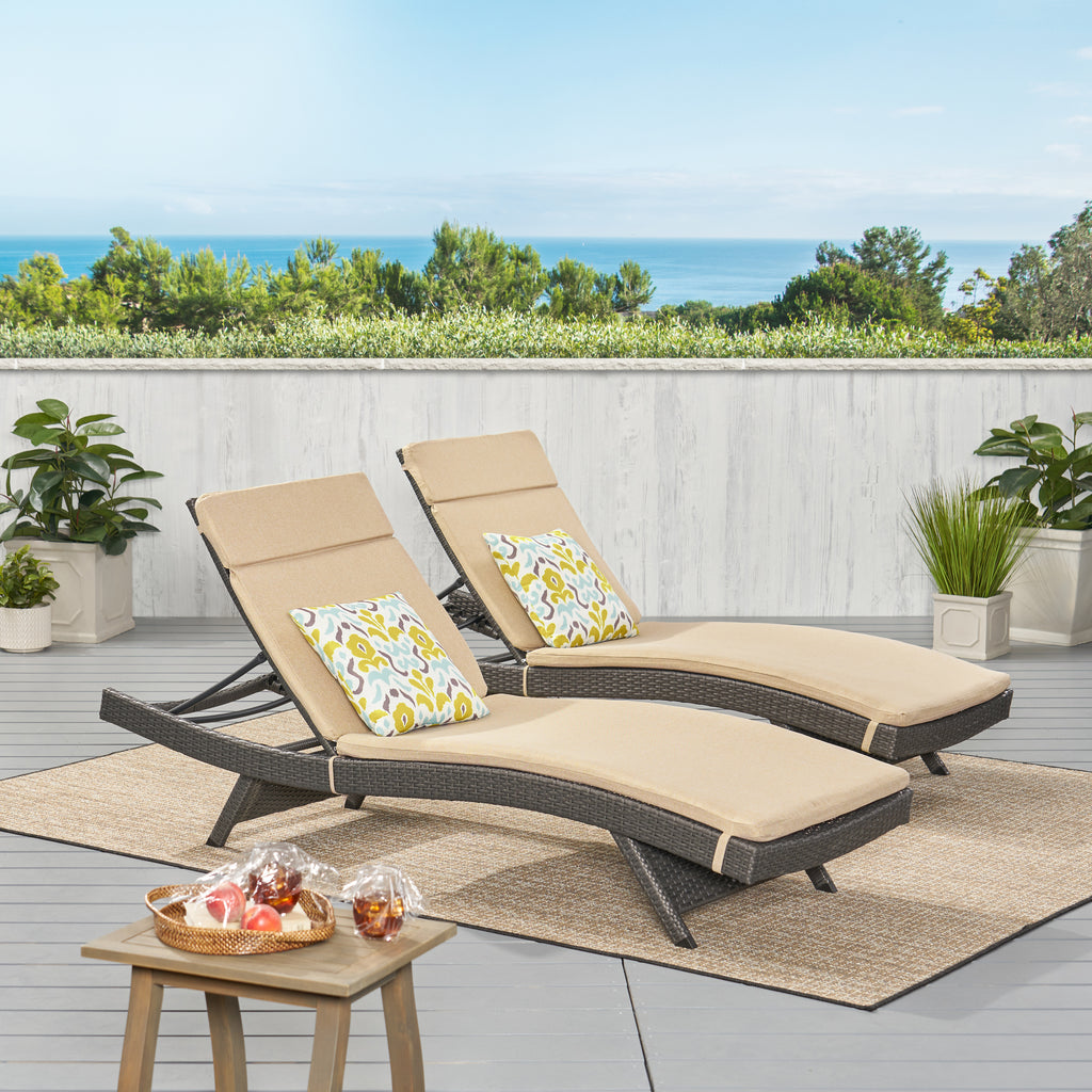 Noble House Salem Outdoor Grey Wicker Adjustable Chaise Lounge with Textured Beige Cushion (Set of 2)