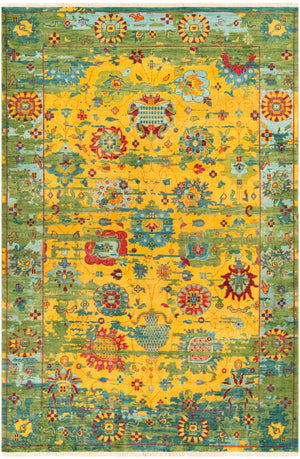 Festival FVL-1005 Traditional NZ Wool Rug FVL1005-913 Bright Yellow, Grass Green, Teal, Aqua, Rose, Saffron 100% NZ Wool 9' x 13'