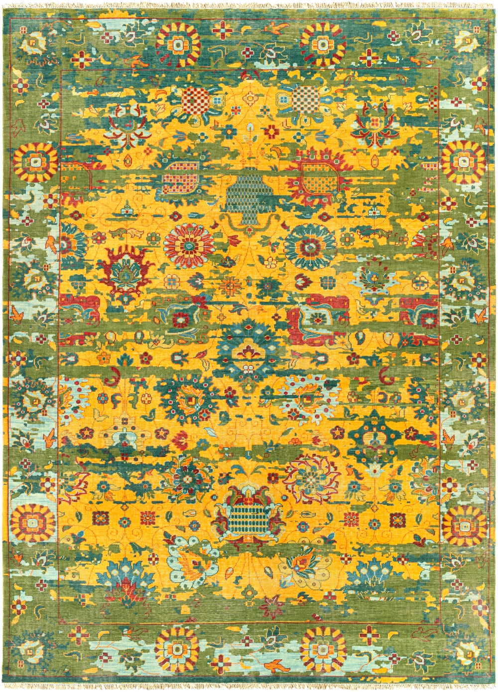 Festival FVL-1005 Traditional NZ Wool Rug FVL1005-913 Bright Yellow, Grass Green, Teal, Aqua, Rose, Saffron 100% NZ Wool 9' x 13'
