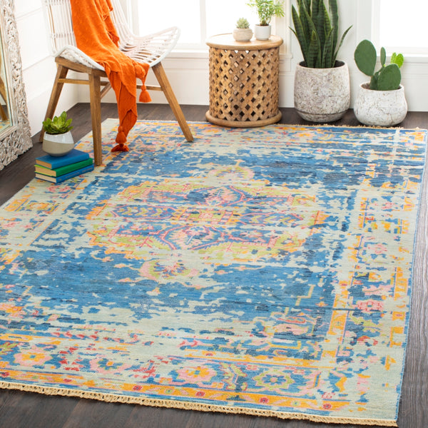 Festival FVL-1007 Traditional NZ Wool Rug FVL1007-913 Denim, Dark Blue, Navy, Taupe, Light Gray, Grass Green, Camel, Rose, Saffron 100% NZ Wool 9' x 13'