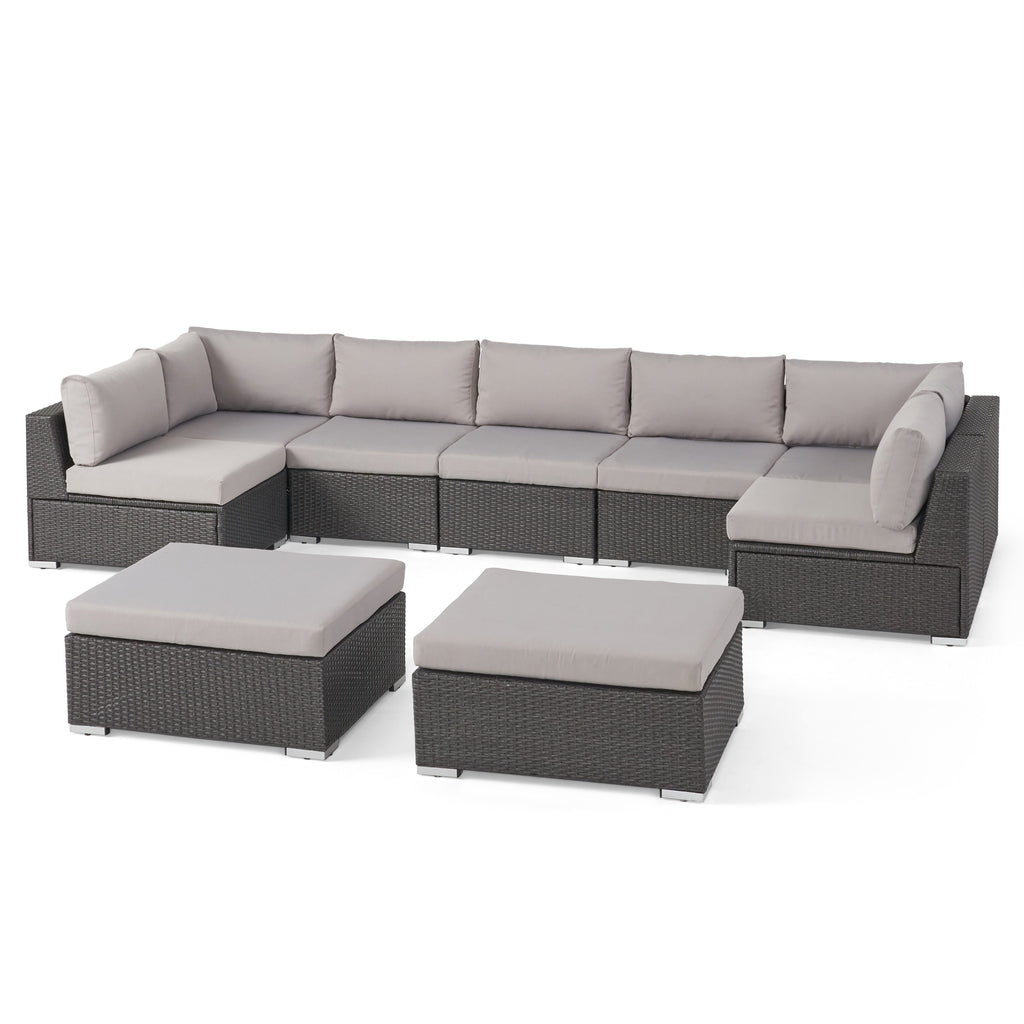 Santa Rosa Outdoor 7 Seater Wicker Sectional Sofa Set with Cushions, Grey with Silver Cushions Noble House