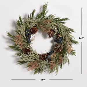 Safavieh Faux 24 Inch Pine Wreath W/ Pine Cones & Blueberries Green / Blue Vines  / Pinecone / Plastic / Metal FXP1094A