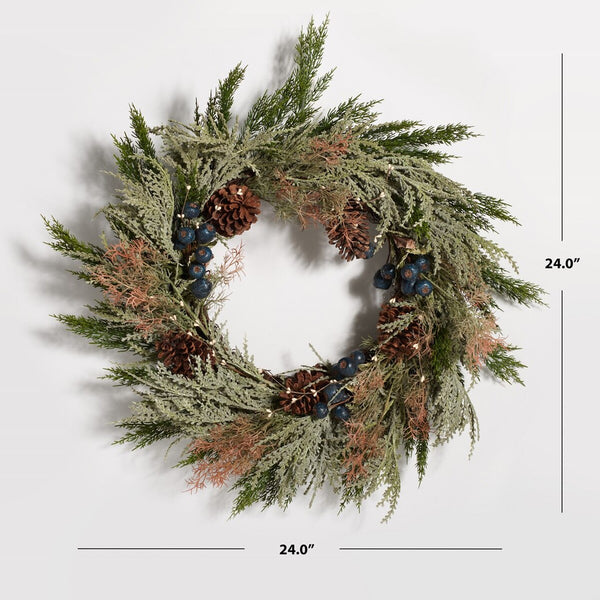 Safavieh Faux 24 Inch Pine Wreath W/ Pine Cones & Blueberries Green / Blue Vines  / Pinecone / Plastic / Metal FXP1094A