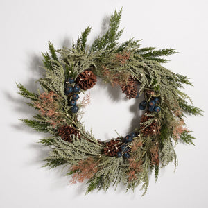 Safavieh Faux 24 Inch Pine Wreath W/ Pine Cones & Blueberries Green / Blue Vines  / Pinecone / Plastic / Metal FXP1094A