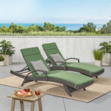 Salem Outdoor Grey Wicker Arm Chaise Lounges with Jungle Green Water Resistant Cushions Noble House