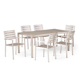 Noble House Cape Coral Outdoor Modern 6 Seater Aluminum Dining Set with Faux Wood Table Top, Gray and Silver