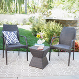 Noble House Riley Outdoor 3 Piece Muttibrown Wicker Chat Set with Stacking Chairs and Square Side Table