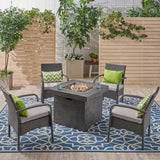 Cordoba Patio Fire Pit Set, 4-Seater with Club Chairs, Wicker with Outdoor Cushions, Gray and Light Gray Noble House