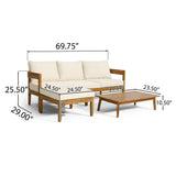 Brooklyn Outdoor Acacia Wood 3 Seater Sofa Chat Set with Ottoman, Teak and Beige Noble House