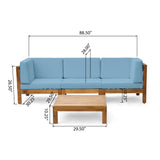 Brava Outdoor Modular Acacia Wood Sofa and Coffee Table Set with Cushions, Teak and Blue Noble House