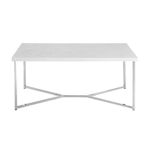 Walker Edison Mid Century Modern Coffee Table - White Faux Marble/Chrome in Faux Marble, Powder Coated Metal AF42LUXWMC 842158129178