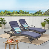 Salem Outdoor Grey Wicker Arm Chaise Lounges with Navy Blue Water Resistant Cushions Noble House