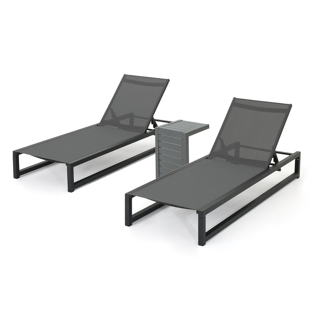 Noble House Modesta Outdoor Grey Mesh and Black Finish Rust-Proof Aluminum Frame Chaise Lounges with Matching Table (Set of 2 Lounges)