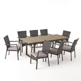 Villa Outdoor 8 Seater Expandable Wood and Wicker Dining Set, Gray Noble House