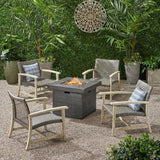 Breakwater Outdoor 5 Piece Wood and Wicker Club Chairs and Fire Pit Set, Mixed Black and Gray Noble House