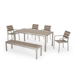 Cape Coral Outdoor Modern Aluminum 6 Seater Dining Set with Dining Bench, Natural and Silver Noble House