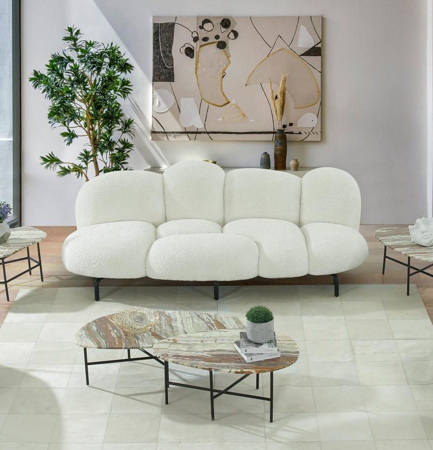 VIG Furniture Divani Casa Glaster - Contemporary White Sherpa 88" Bubble Sofa VGODZW-20036-WHT-S