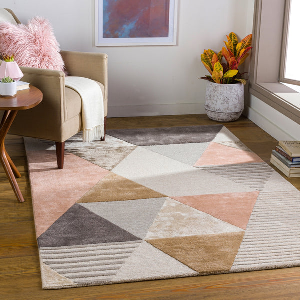 Glasgow GLS-2302 Modern Viscose, Wool Rug GLS2302-81012 Pale Pink, Taupe, Light Gray, Medium Gray, Charcoal, Camel 60% Viscose, 40% Wool 8'10" x 12'