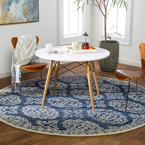 Granada GND-2308 Traditional Wool Rug GND2308-8RD Dark Blue, Medium Gray, Denim, Beige, Charcoal, Ivory 100% Wool 8' Round
