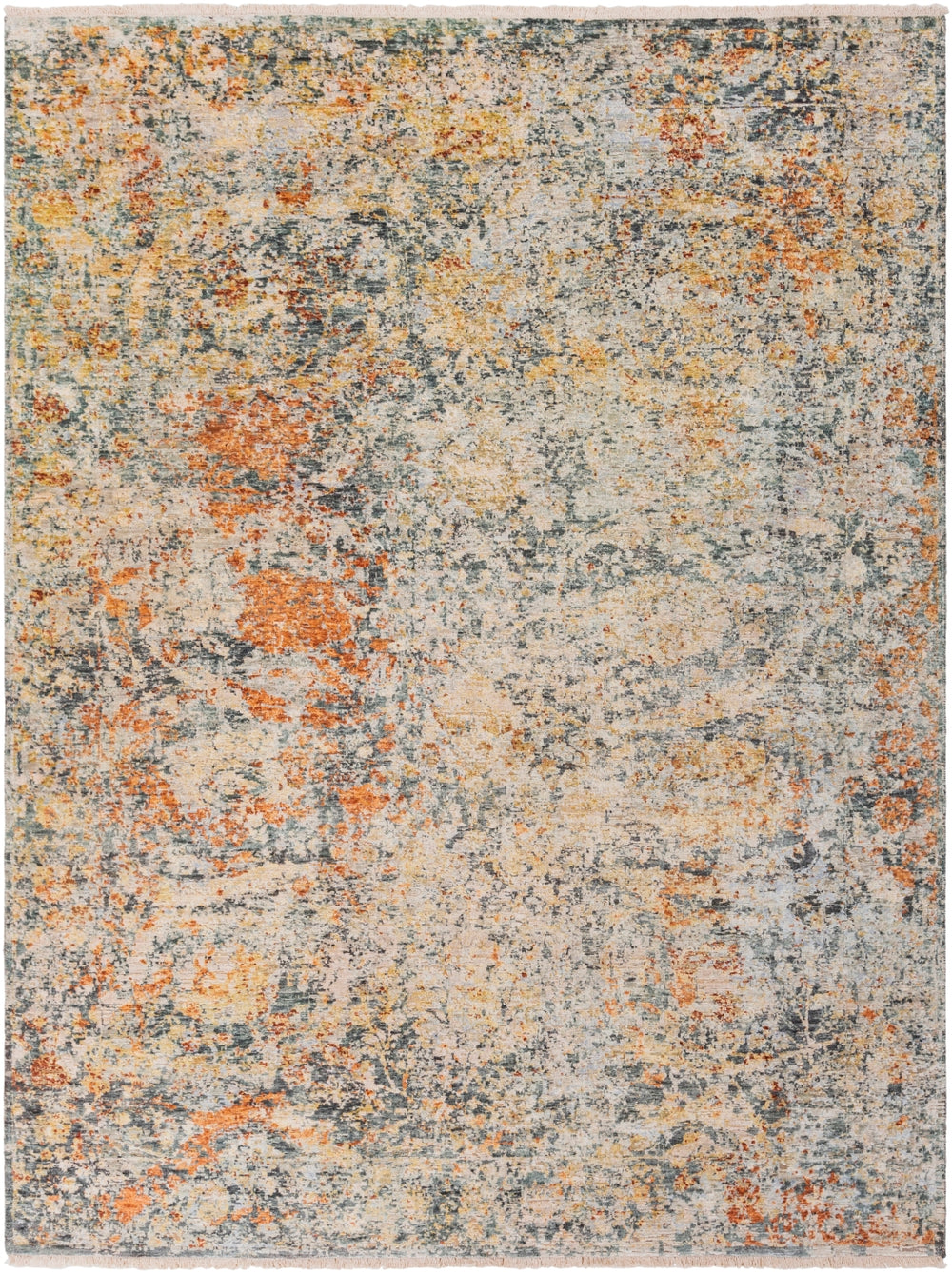 Govandi GOV-1003 Traditional Silk, Wool Rug GOV1003-913 Burnt Orange, Camel, Olive, Charcoal, Teal, Khaki, Pale Blue 70% Silk, 30% Wool 9' x 13'