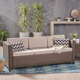 Puerta Outdoor Wicker 3 Seater Sofa, Brown with Ceramic Grey Cushions Noble House