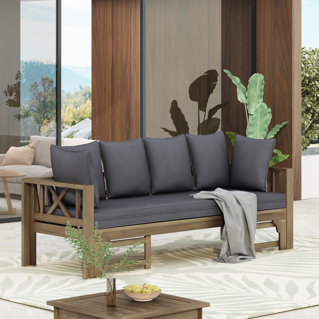 Varney Outdoor Extendable Acacia Wood Daybed Sofa, Gray and Dark Gray Noble House