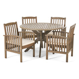 Casa Acacia Patio Dining Set, 4-Seater, 47" Round Table with X-Legs, Gray Finish, Cream Outdoor Cushions Noble House