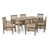 Casa Acacia Patio Dining Set, 6-Seater, 71" Rectangular Table with Straight Legs, Gray Finish, Cream Outdoor Cushions Noble House